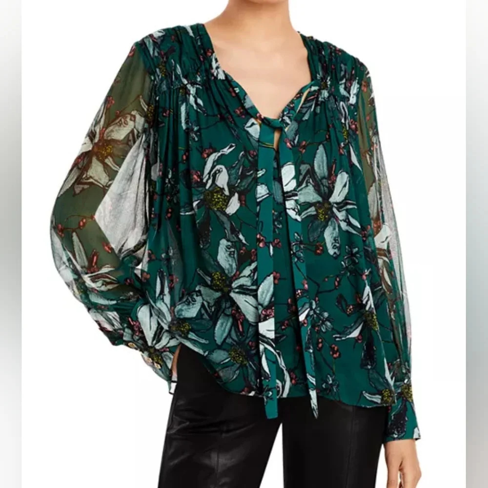 Jason WuFloral Print Tie Neck Silk Blouse - Picture 1 of 7